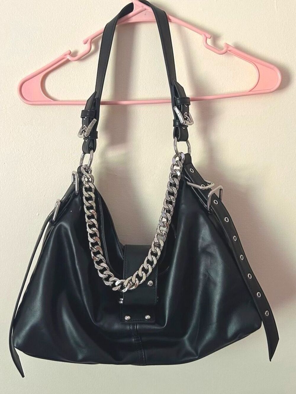 Steve Madden Alyssa Black Hobo Bag Silver Chain Buckle Shoulder Purse NWOT